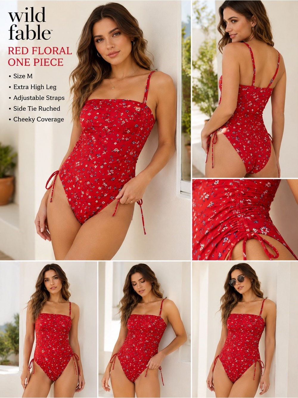 wild fable Bright Red Floral One-Piece with Blue & White Blossoms